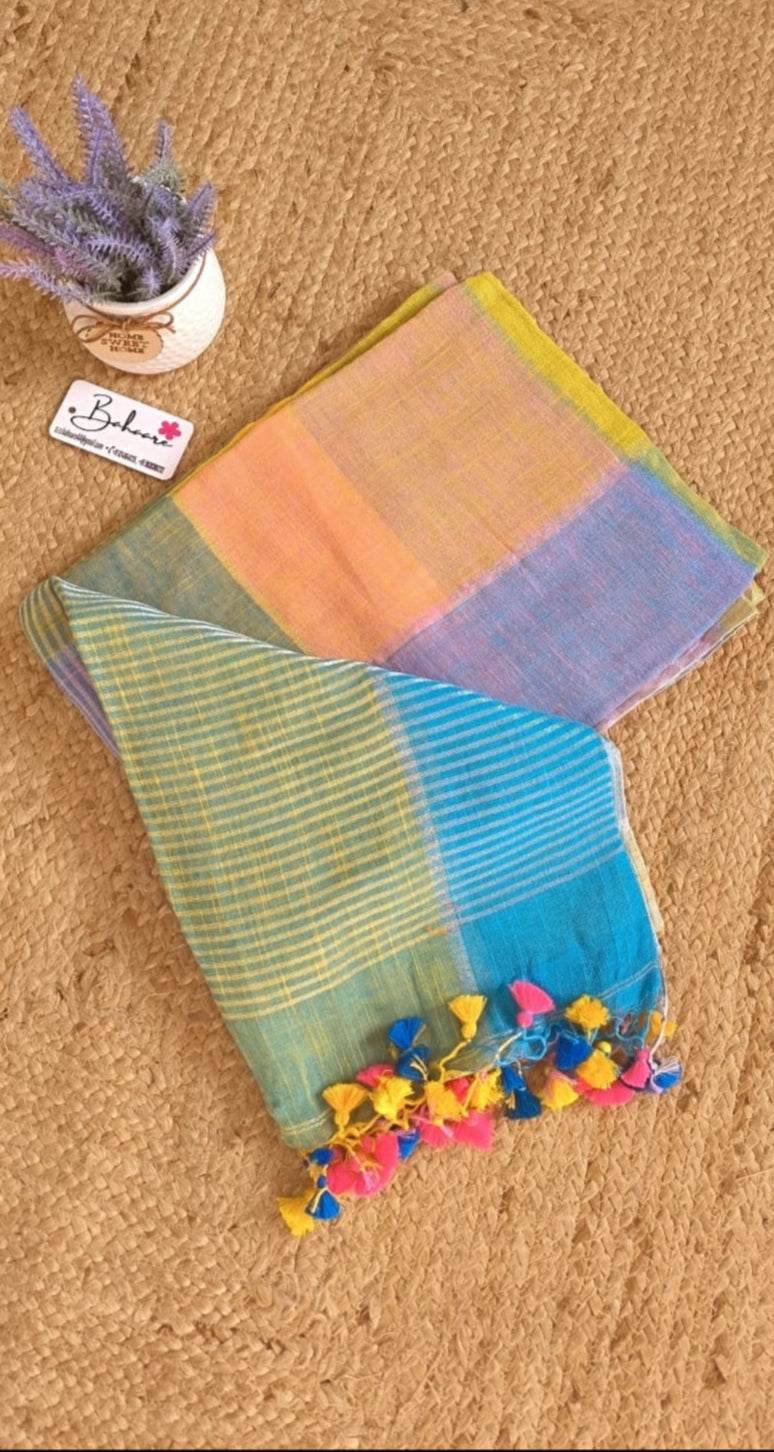 Woodland Whispers | Multicoloured Box Linen Saree with Silver Zari Border