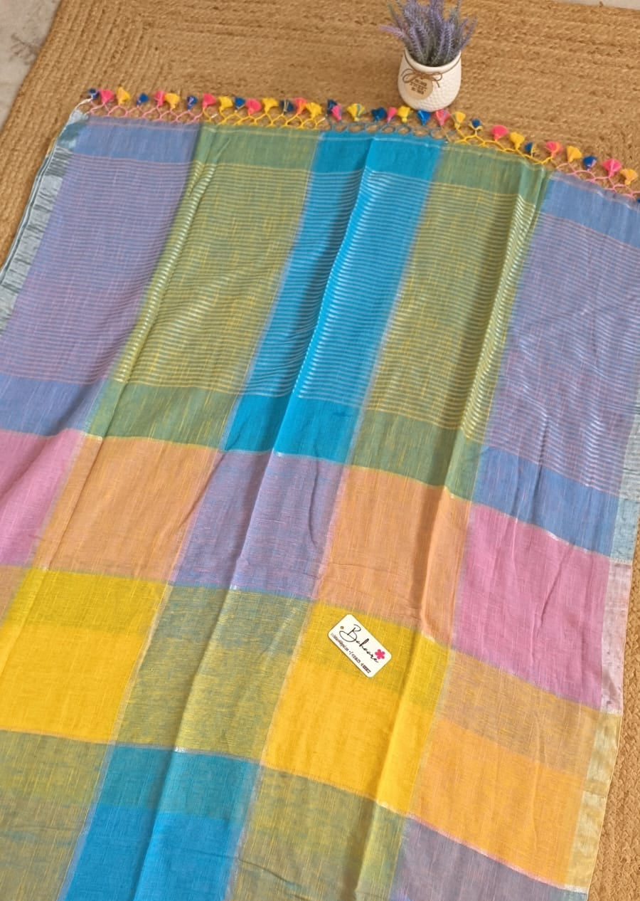 Woodland Whispers | Multicoloured Box Linen Saree with Silver Zari Border