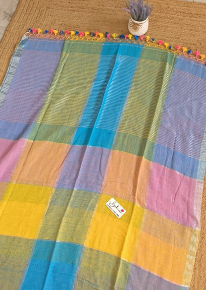 Woodland Whispers | Multicoloured Box Linen Saree with Silver Zari Border