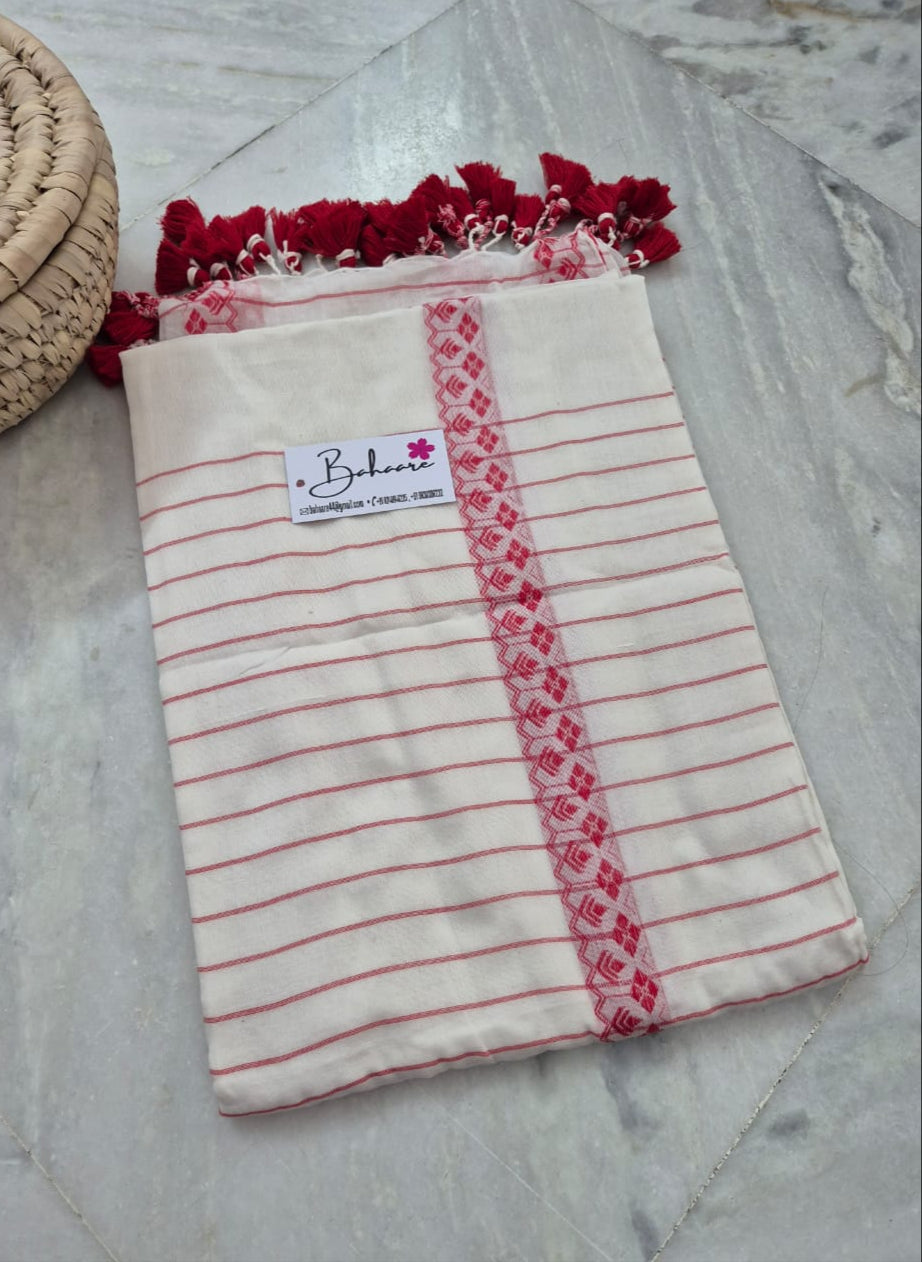 Cotton Galleria | Off White and Red Handwoven Premium Cotton Saree