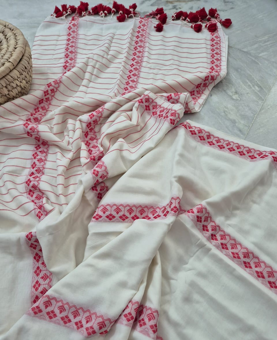 Cotton Galleria | Off White and Red Handwoven Premium Cotton Saree