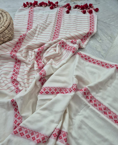 Cotton Galleria | Off White and Red Handwoven Premium Cotton Saree