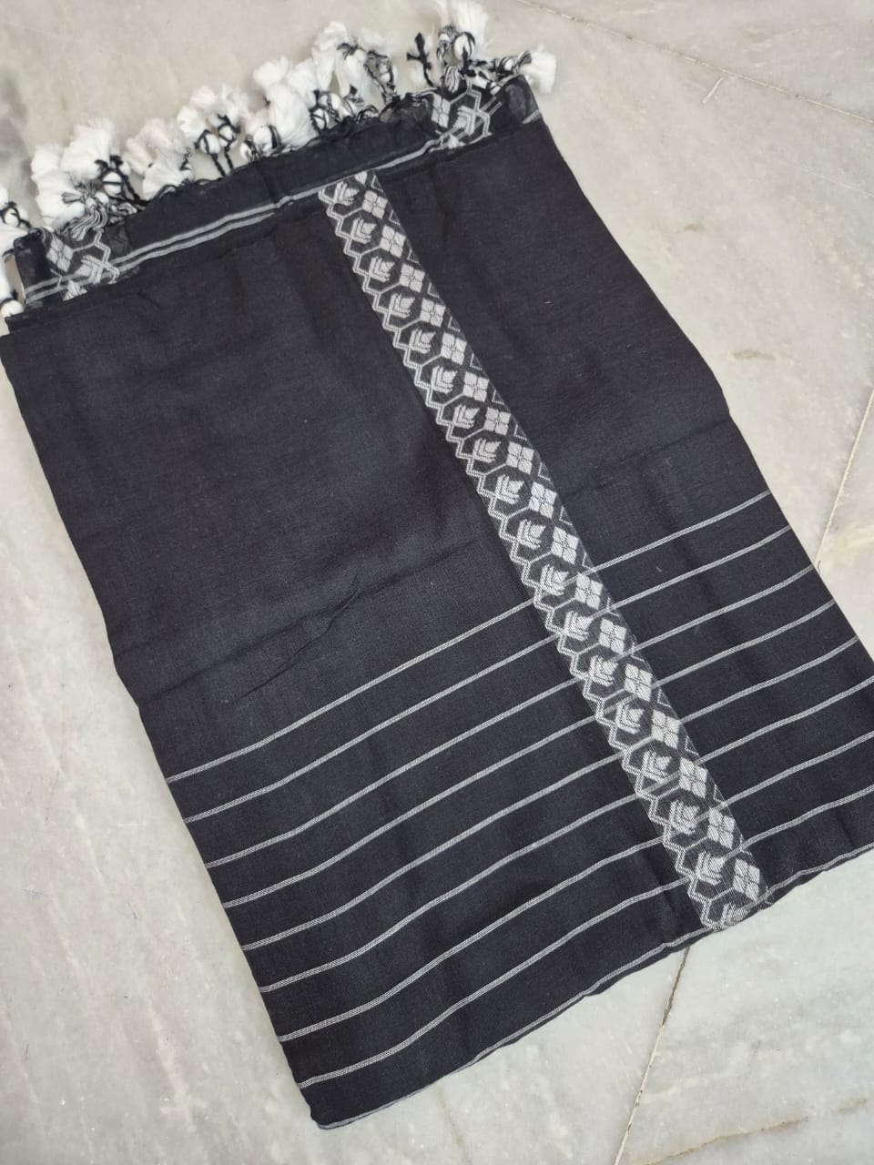 Cotton Galleria | Dark Black Handwoven Premium Cotton Saree