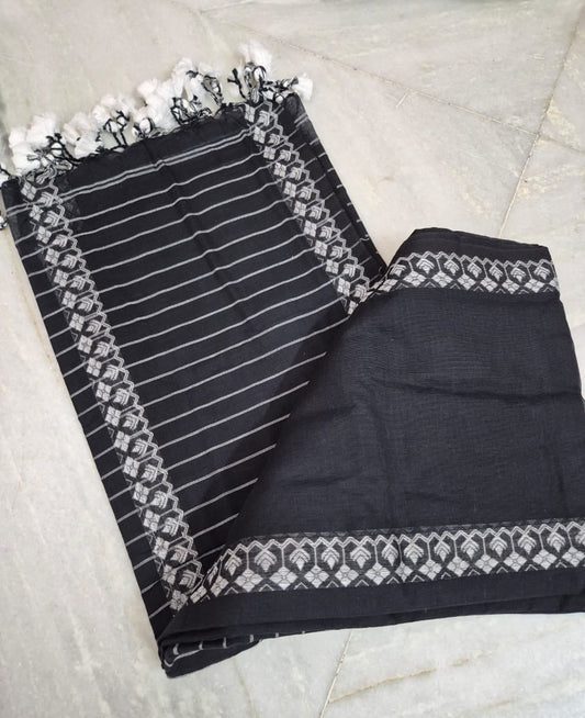 Cotton Galleria | Dark Black Handwoven Premium Cotton Saree