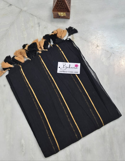 Mohini | Dark Black Mul Mul Cotton Saree with Horizontal Line