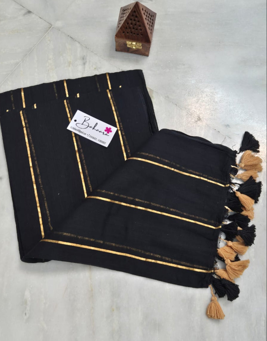 Mohini | Dark Black Mul Mul Cotton Saree with Horizontal Line