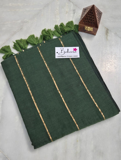 Mohini | Dark Green Mul Mul Cotton Saree with Horizontal Line