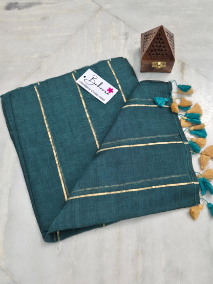 Mohini | Teal Green Mul Mul Cotton Saree with Horizontal Line