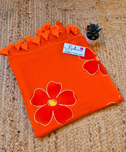 Exotic Zinnia | Red Orange Mul Mul Cotton Saree