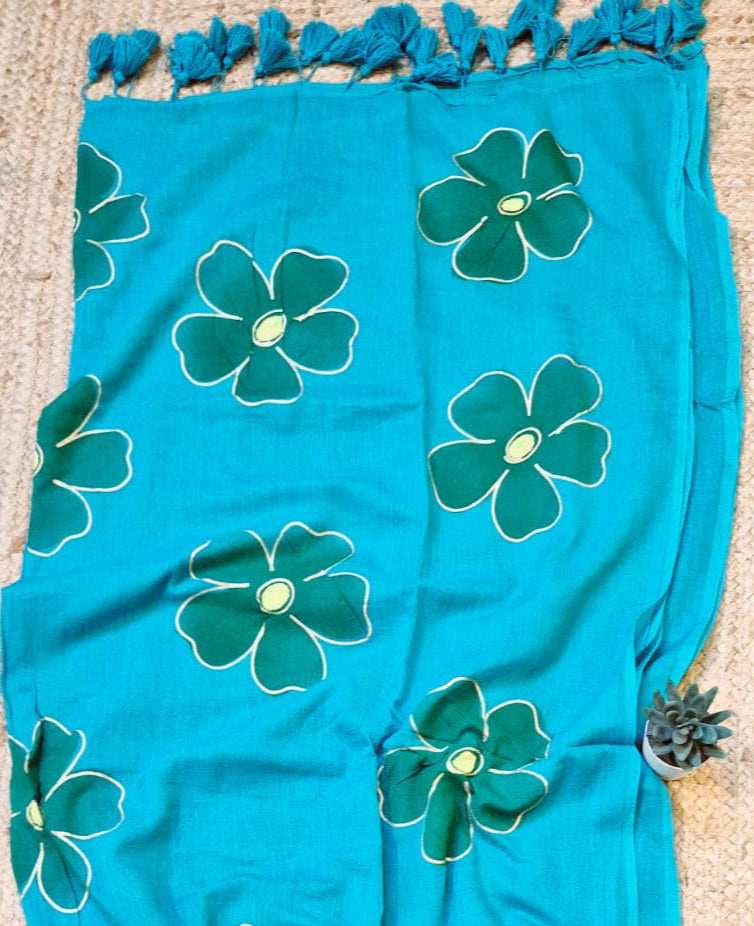 Exotic Zinnia | Peacock Blue Mul Mul Cotton Saree