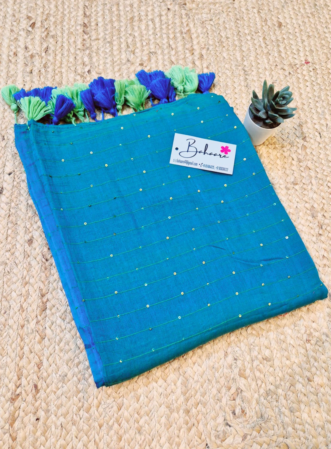 Shimmering Starlight | Ocean Blue Sequin Mul Mul Cotton Saree