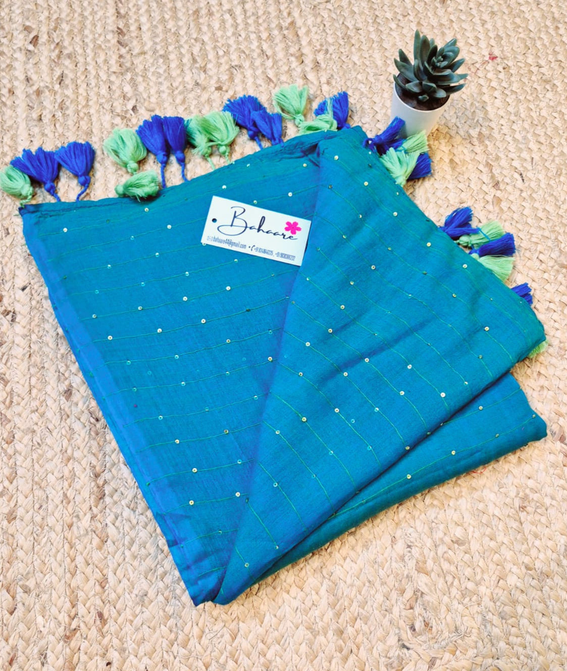 Shimmering Starlight | Ocean Blue Sequin Mul Mul Cotton Saree