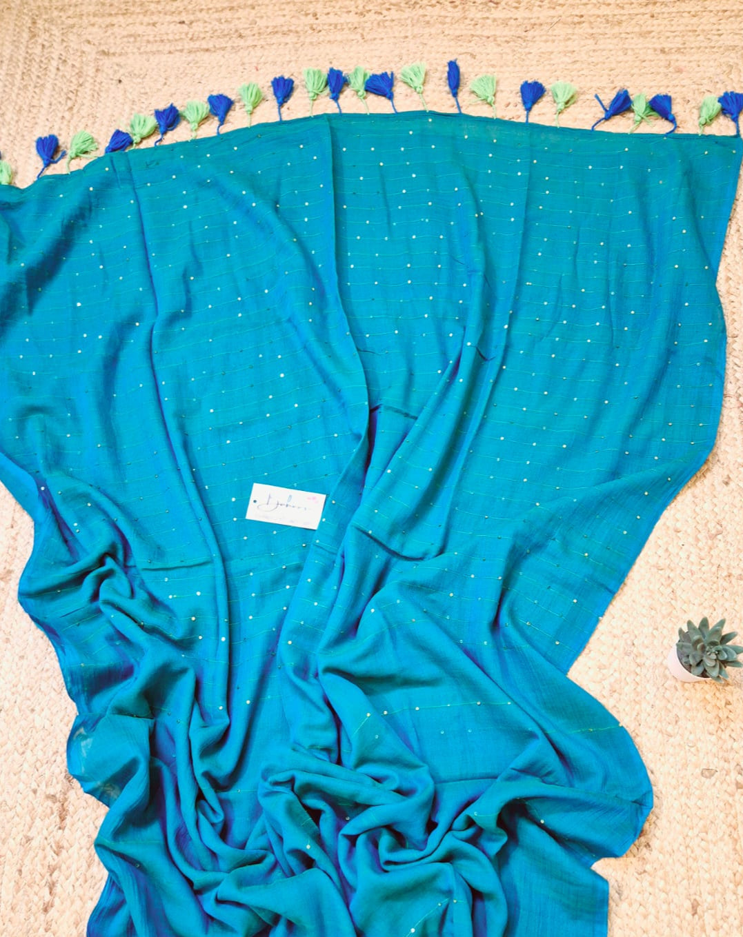 Shimmering Starlight | Ocean Blue Sequin Mul Mul Cotton Saree