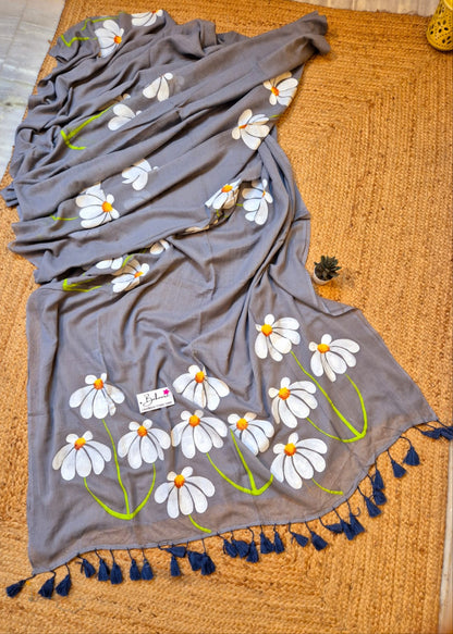 Exotic Floral | Cool Grey Mul Mul Cotton Saree