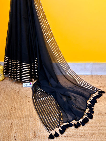 Noor | Onyx Black Mul Mul Cotton Saree with Golden Zari Stripe