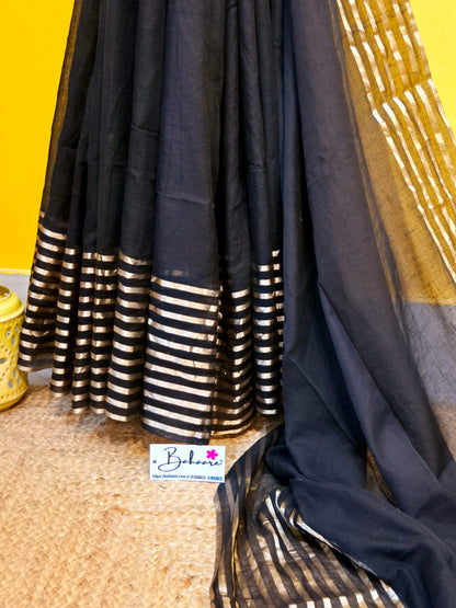 Noor | Onyx Black Mul Mul Cotton Saree with Golden Zari Stripe