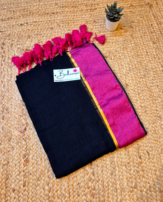 Noor | Dark Black Mul Mul Cotton Saree with Rani Border