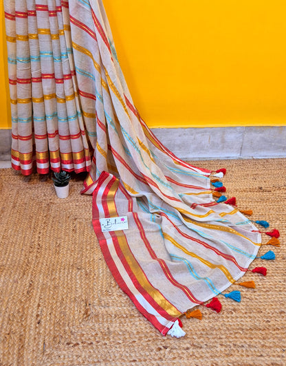 Mohini | Butter Beige Mul Mul Cotton Saree with Multicoloured Zari Stripe