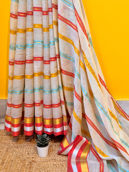 Mohini | Butter Beige Mul Mul Cotton Saree with Multicoloured Zari Stripe