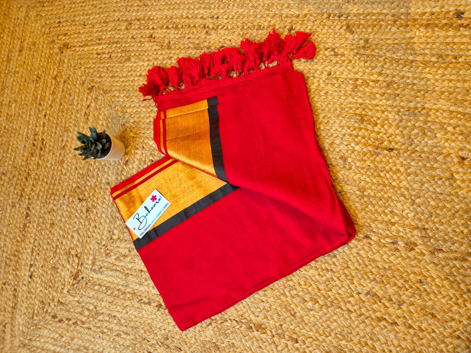 Noor | Chilli Red Mul Mul Cotton Saree with Golden Zari Border