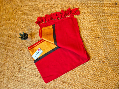 Noor | Chilli Red Mul Mul Cotton Saree with Golden Zari Border