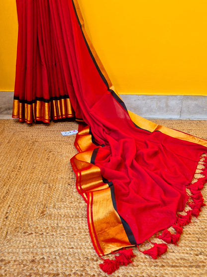 Noor | Chilli Red Mul Mul Cotton Saree with Golden Zari Border