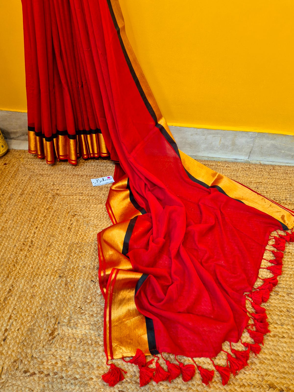 Noor | Chilli Red Mul Mul Cotton Saree with Golden Zari Border