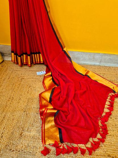Noor | Chilli Red Mul Mul Cotton Saree with Golden Zari Border