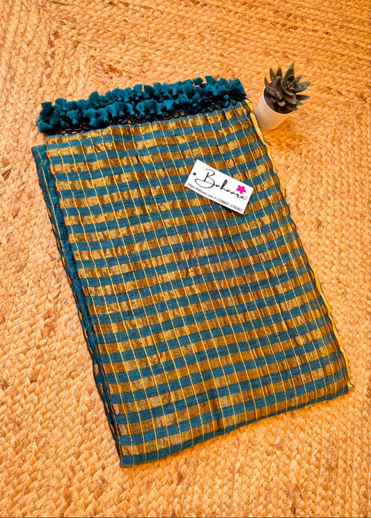 Afreen | Teal Green Tissue Saree with Golden Zari Stripe