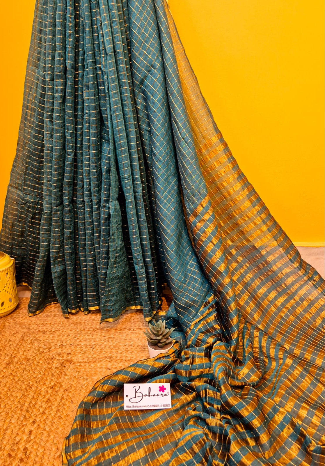Afreen | Teal Green Tissue Saree with Golden Zari Stripe