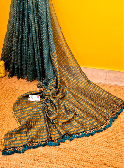 Afreen | Teal Green Tissue Saree with Golden Zari Stripe