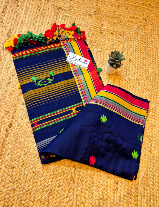 Cotton Galleria | Navy Blue Premium Bengal Cotton Bhujodi Saree with Designer Tassels
