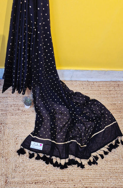 Polka Passion | Black Mul Mul Cotton Saree with Golden Polka Dots