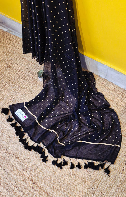 Polka Passion | Black Mul Mul Cotton Saree with Golden Polka Dots