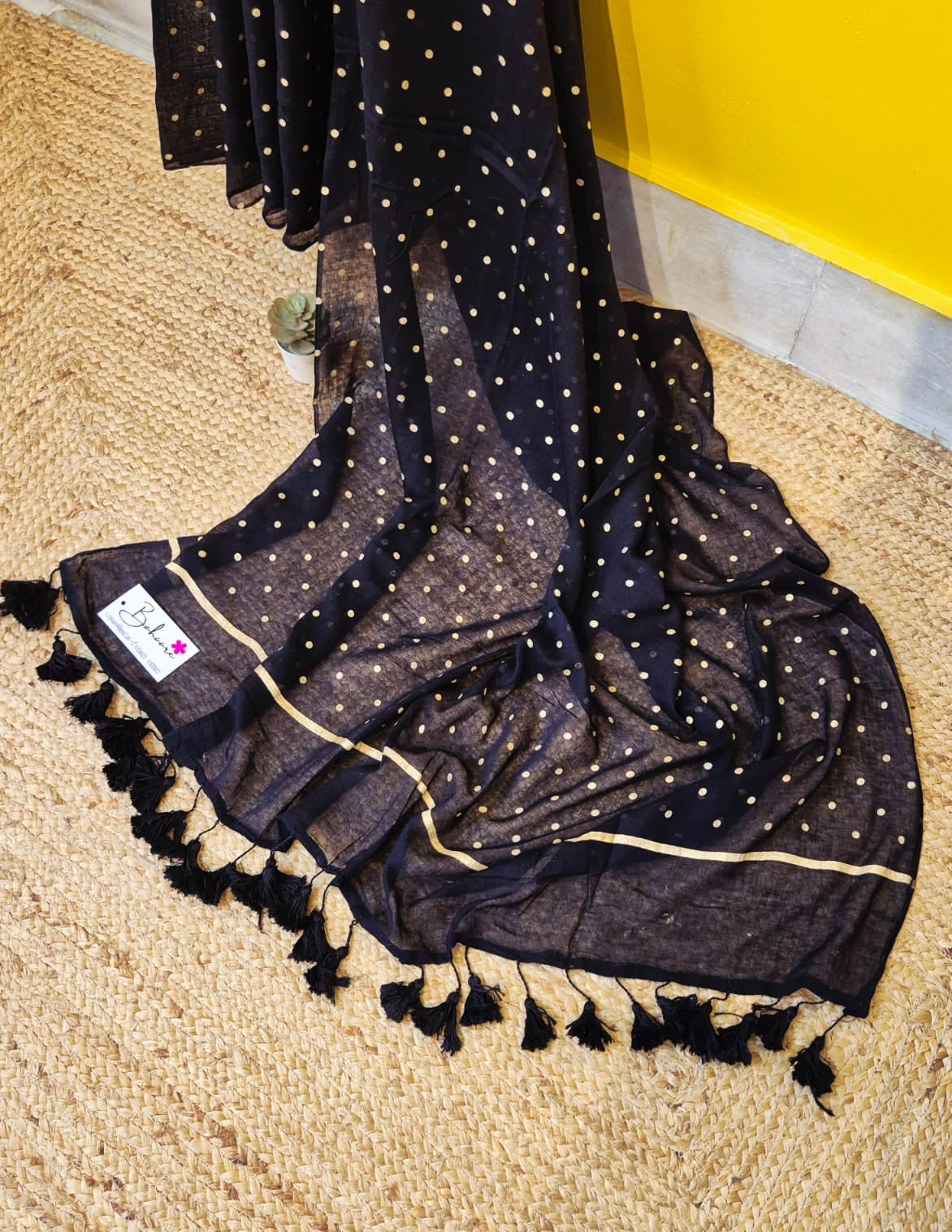 Polka Passion | Black Mul Mul Cotton Saree with Golden Polka Dots