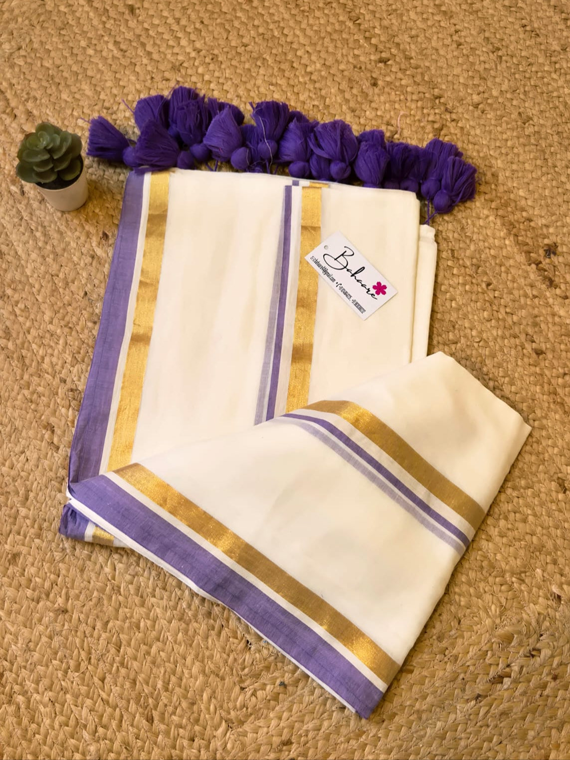 Mohini | Vanilla White Mul Mul Cotton Saree with Lavender Golden Zari Border
