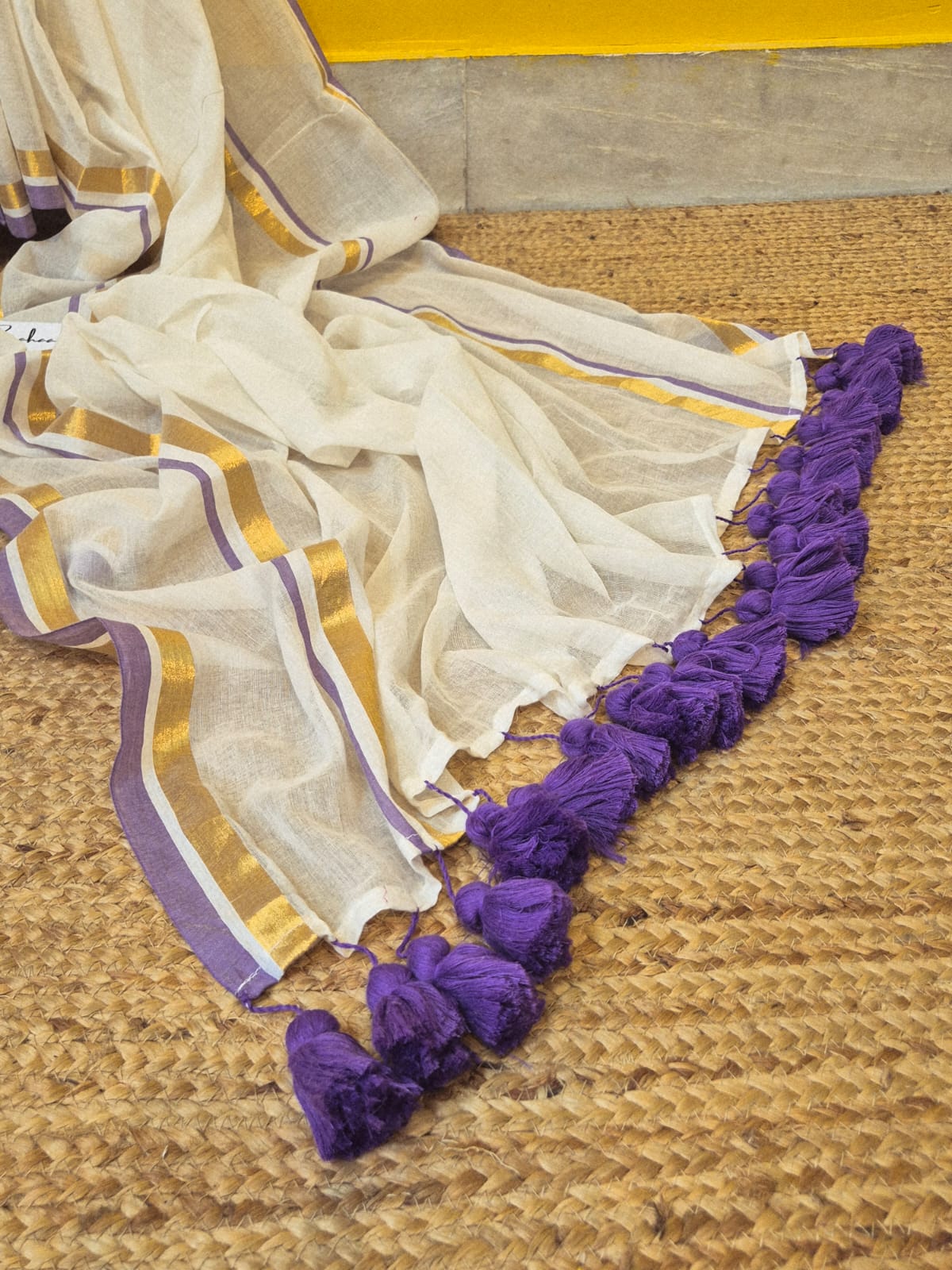 Mohini | Vanilla White Mul Mul Cotton Saree with Lavender Golden Zari Border