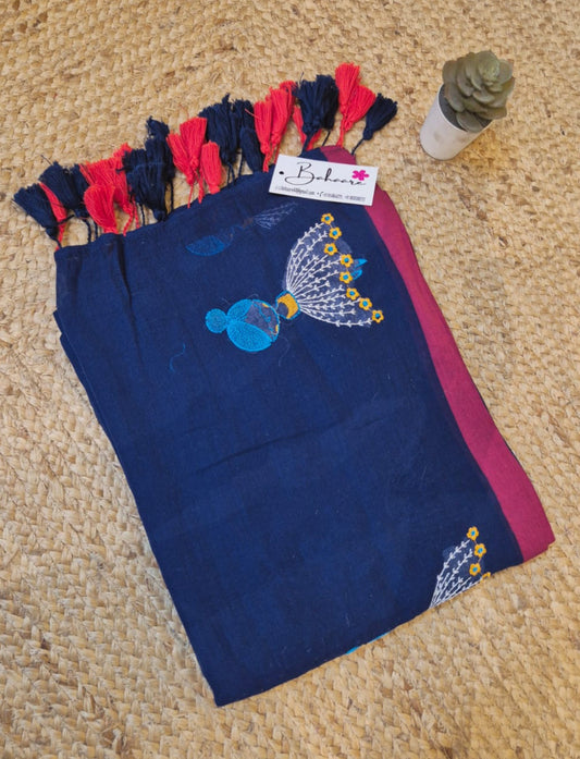 Noor | Blue Mul Mul Cotton Saree with Doll Motif