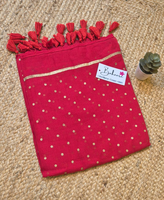 Polka Passion | Red Mul Mul Cotton Saree with Golden Polka Dots