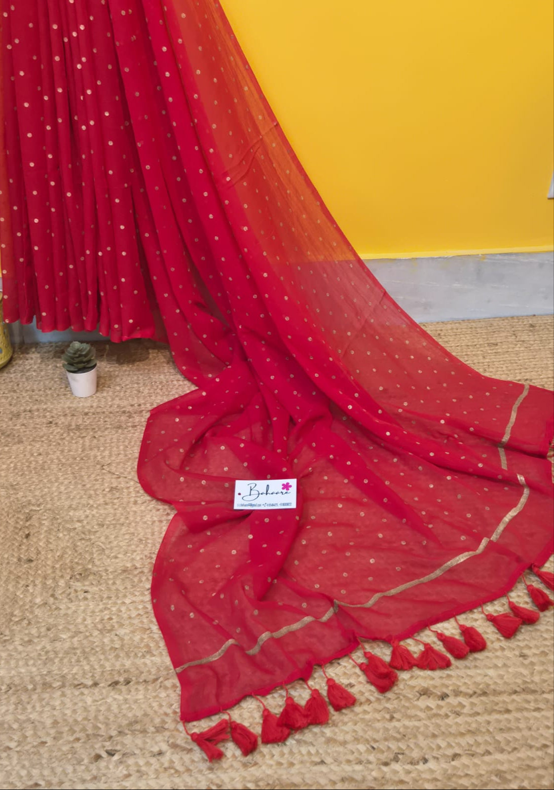 Polka Passion | Red Mul Mul Cotton Saree with Golden Polka Dots