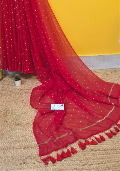 Polka Passion | Red Mul Mul Cotton Saree with Golden Polka Dots