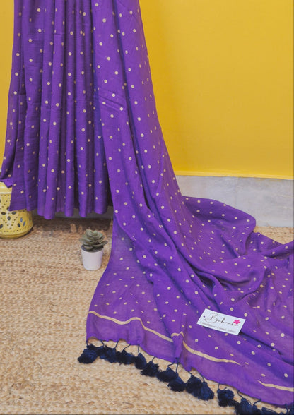 Polka Passion | Purple Mul Mul Cotton Saree with Golden Polka Dots