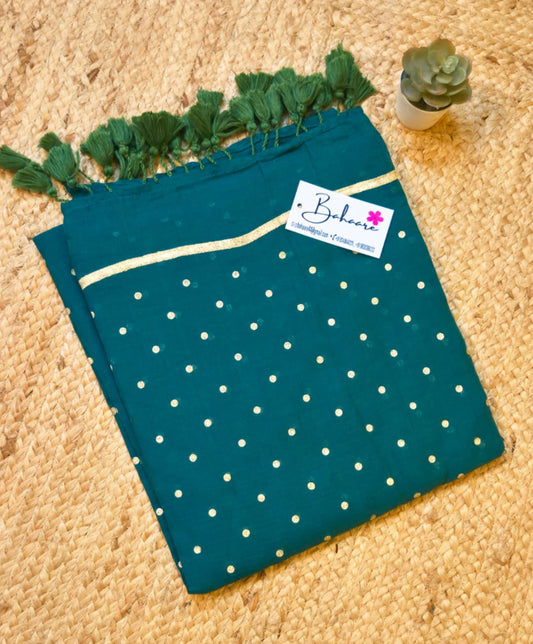 Polka Passion | Pine Green Mul Mul Cotton Saree with Golden Polka Dots