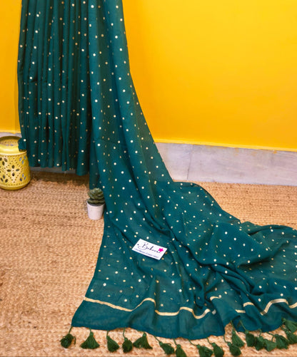 Polka Passion | Pine Green Mul Mul Cotton Saree with Golden Polka Dots