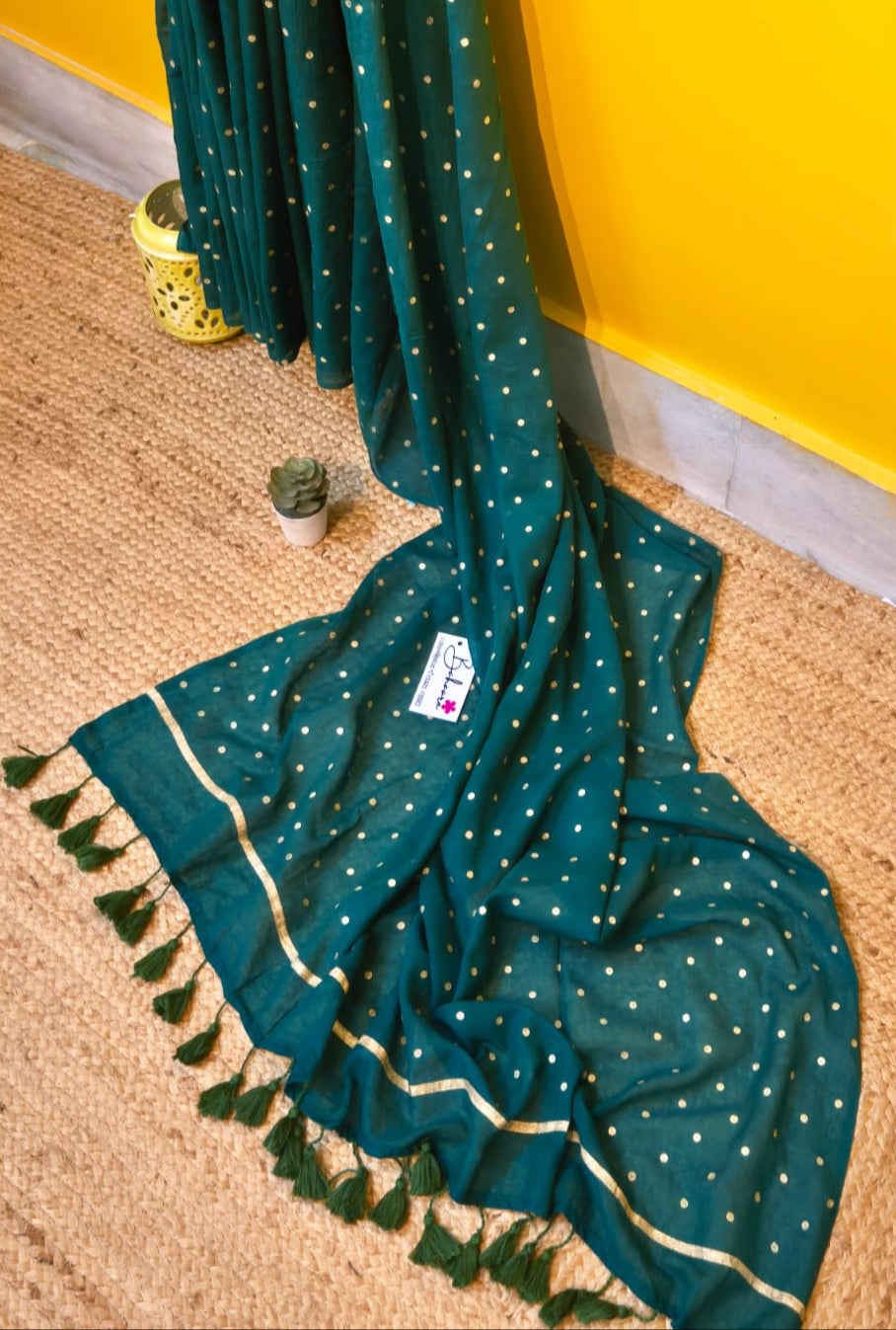 Polka Passion | Pine Green Mul Mul Cotton Saree with Golden Polka Dots