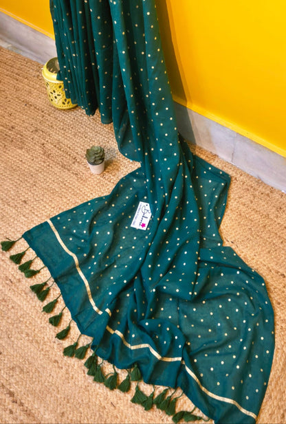 Polka Passion | Pine Green Mul Mul Cotton Saree with Golden Polka Dots