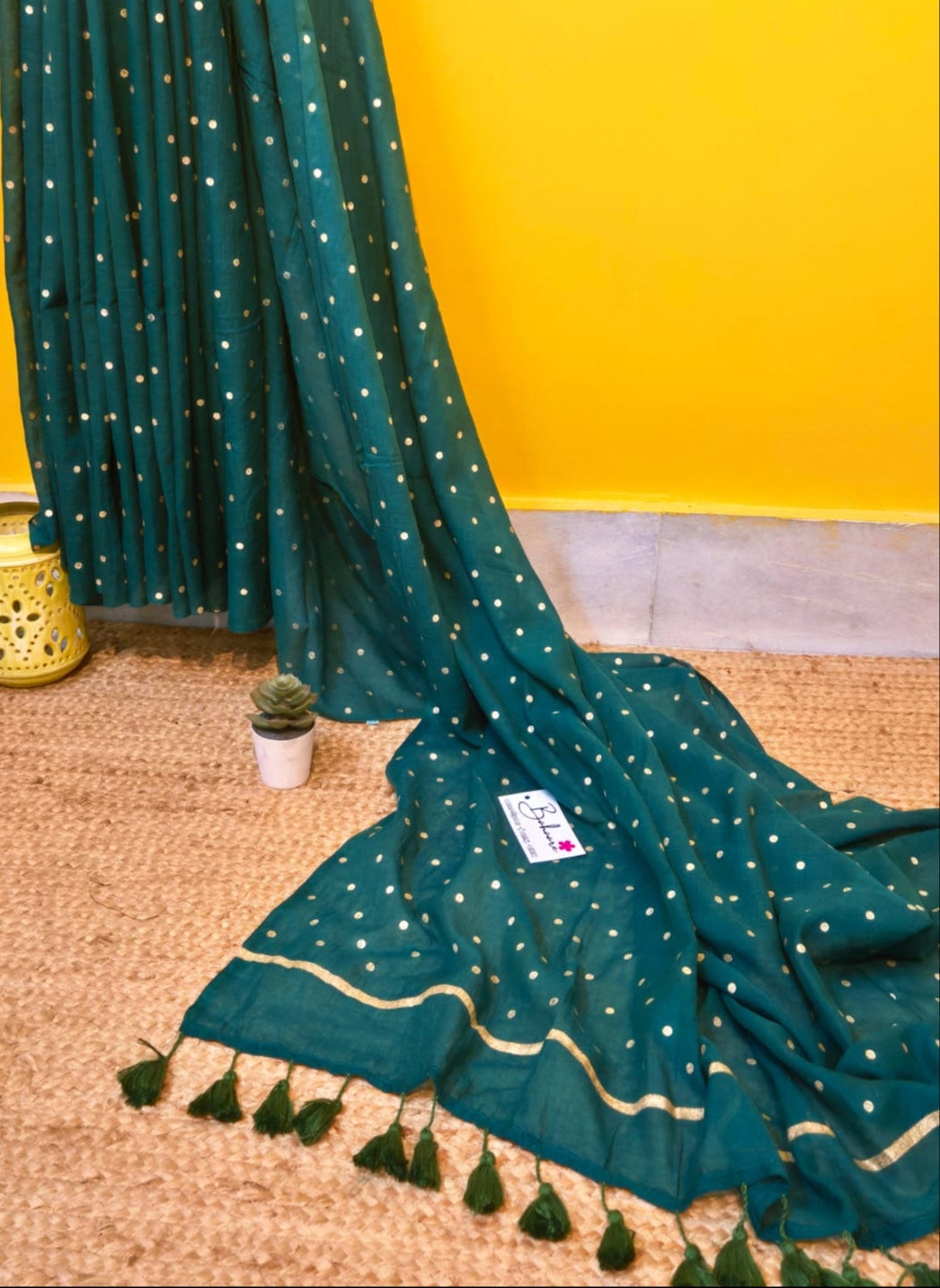 Polka Passion | Pine Green Mul Mul Cotton Saree with Golden Polka Dots