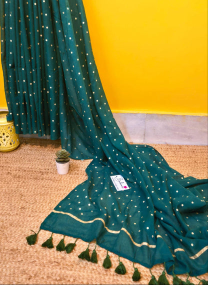 Polka Passion | Pine Green Mul Mul Cotton Saree with Golden Polka Dots