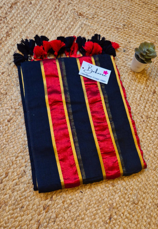 Noor | Party Black and Ruby Red Mul Mul Cotton Saree with Golden Zari Stripe