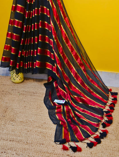 Noor | Party Black and Ruby Red Mul Mul Cotton Saree with Golden Zari Stripe